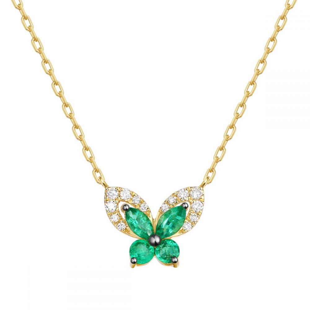 NL36451EME – 18K Yellow Gold Diamond and Gemstone Necklace, 0.35 TCW