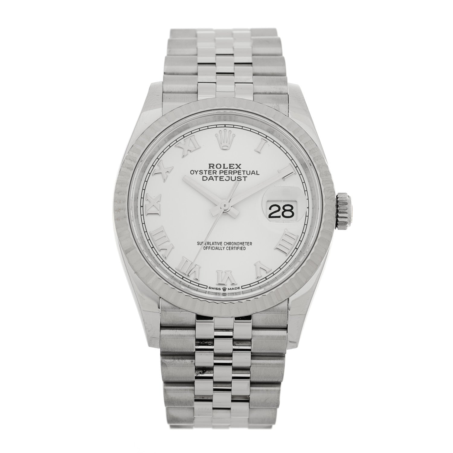 Rolex Stainless Steel 18K White Gold 36mm Oyster Perpetual Datejust Watch White Roman 126234 — representative example