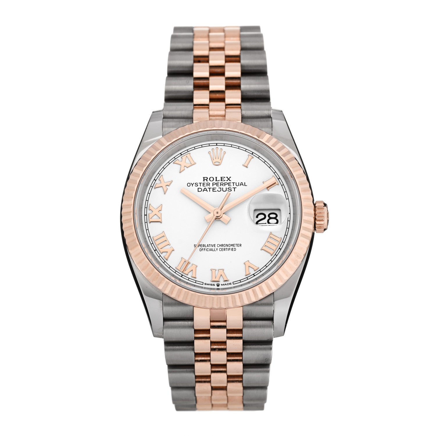 Rolex Stainless Steel 18K Everose Gold 36mm Oyster Perpetual Datejust Watch White Roman 126231 — representative example
