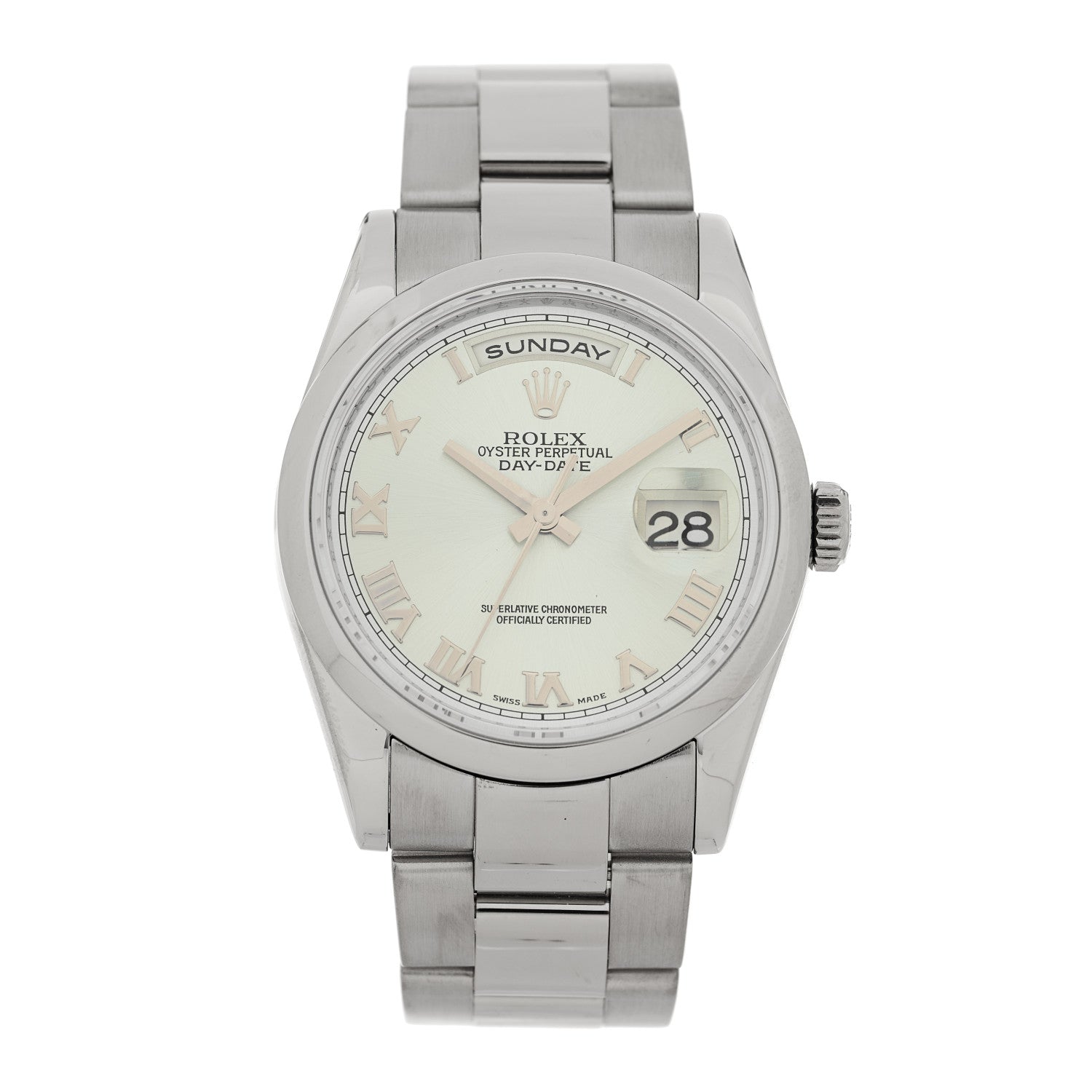 Rolex 18K White Gold 36mm Oyster Perpetual Day-Date Watch Ice Blue Roman 118209 — representative example