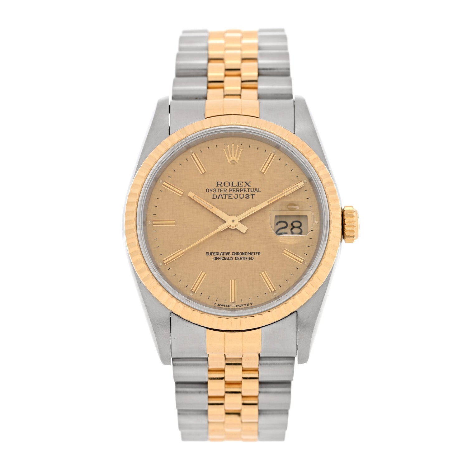 Rolex Stainless Steel 18K Yellow Gold 36mm Oyster Perpetual Datejust Watch Champagne Linen 16233 — representative example