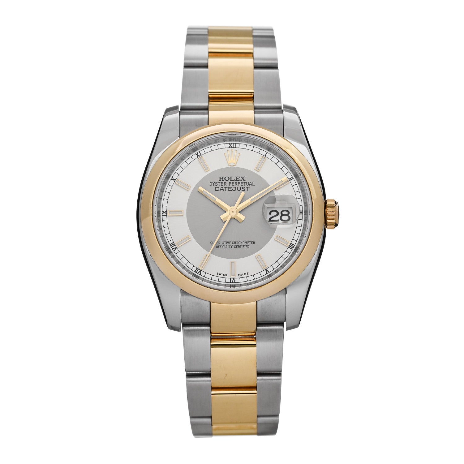 Rolex Stainless Steel 18K Yellow Gold 36mm Oyster Perpetual Datejust Watch Silver 116203 — representative example