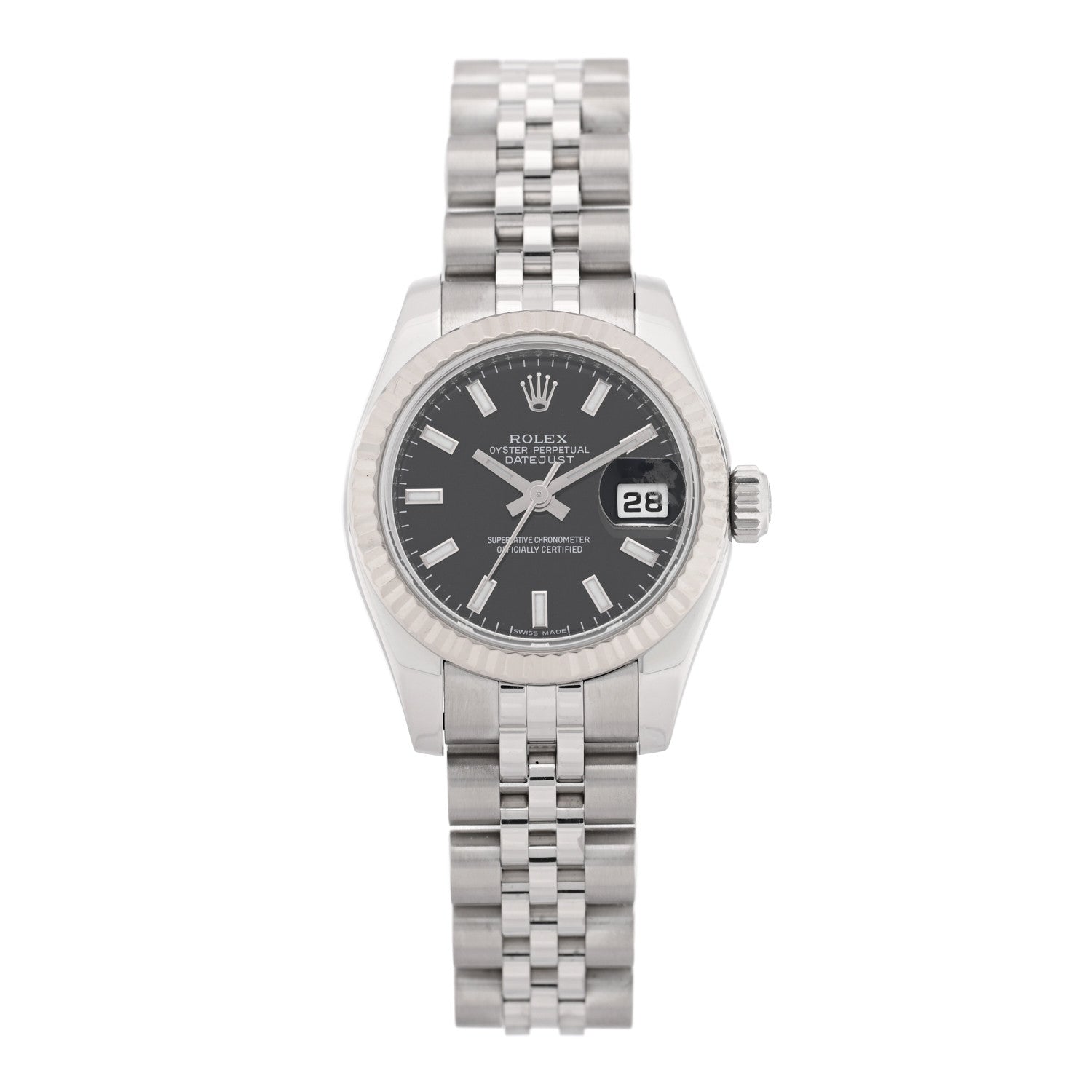 Rolex Stainless Steel 18K White Gold 26mm Oyster Perpetual Datejust Watch Black 179174 — representative example