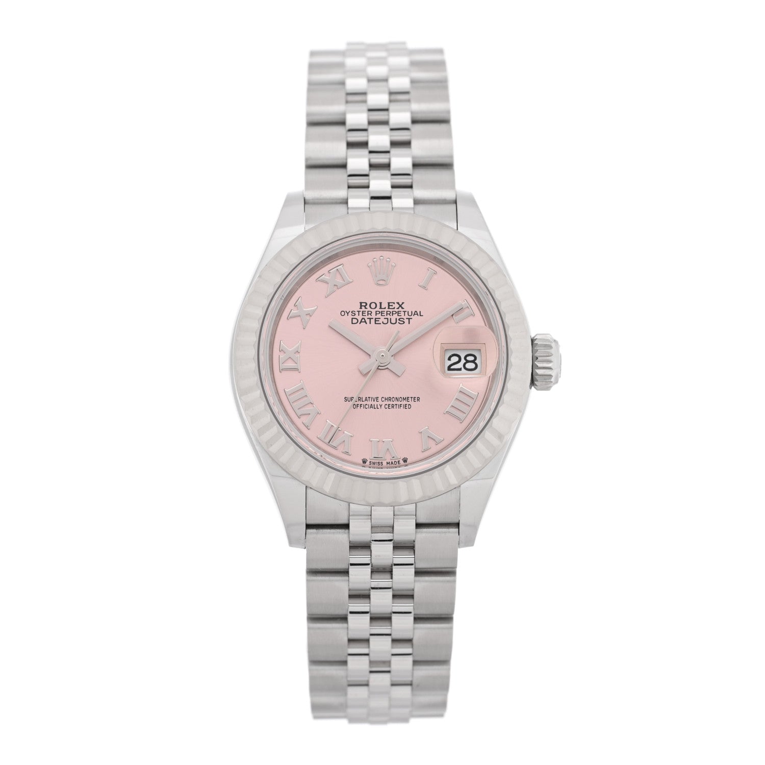 Rolex Stainless Steel 18K White Gold 28mm Oyster Perpetual Datejust Watch Pink Roman 279174 — representative example